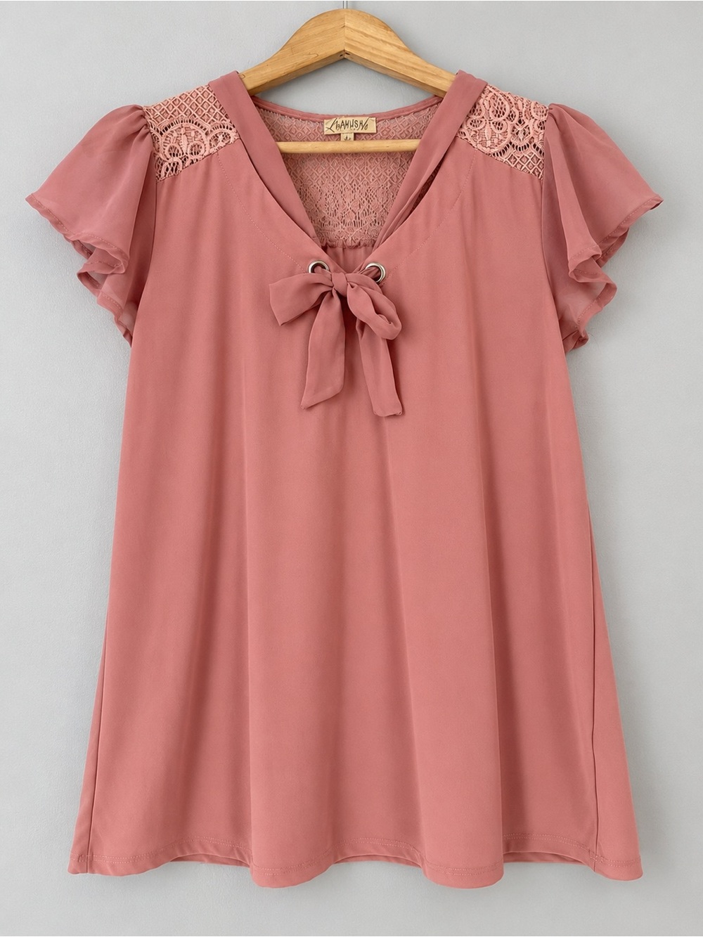 Lavish Women’s L Dusty Rose Lace Yoke Flutter Sleeve Bow Tie Blouse